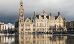 Bradford City Hall reflected in the Mirror Pool in Bradford City Park