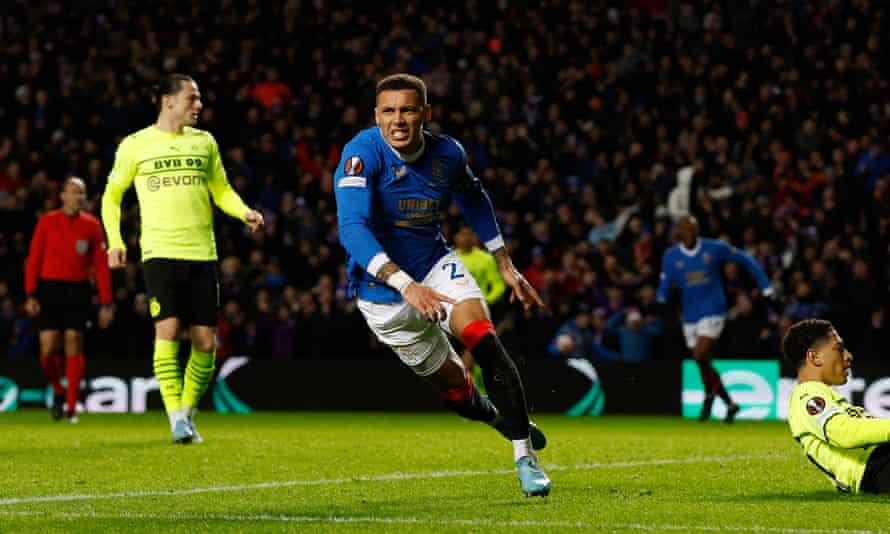 James Tavernier celebrates scoring their second goal.