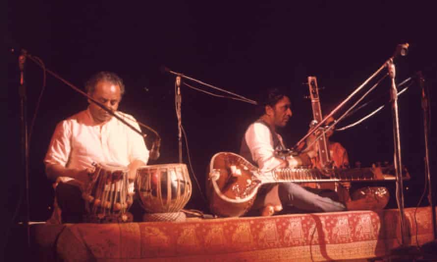 Ravi Shankar, centre, with Alla Rakha at Woodstock in 1969.