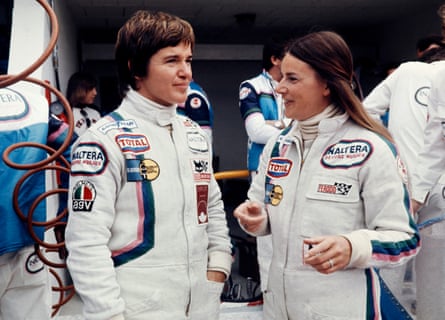 Christine Beckers talks to Lella Lombardi at the Le Mans race in 1977.