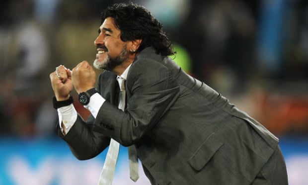 Maradona as head coach of Argentina on the sideline during the 2010 World Cup match against Greece in Polokwane, South Africa.