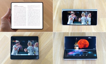 The Samsung Galaxy Z Fold 5 open in various different configurations.