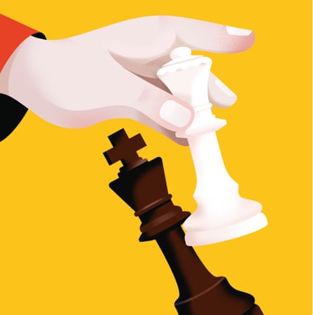 An illustration of a chess-playing hand holding a white Queen, knocking over a black king