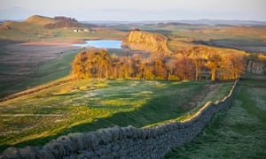 Hadrians Wall seen from Winshield Crag to Steel Rigg and Crag Lough, before sunset in Northumberland, North East England, UK