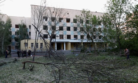 A municipal clinic damaged in a Russian missile strike on Kyiv.