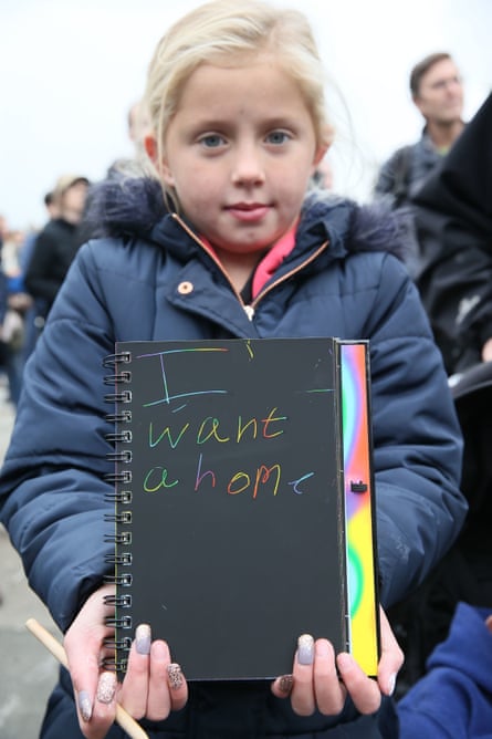 Nine-year-old Rebecca Cash, who lives with her mother in a bedsit, during Take Back the City’s Dublin protest.