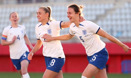 Lotte Wubben-Moy celebrates scoring her first goal for England against Italy in February.