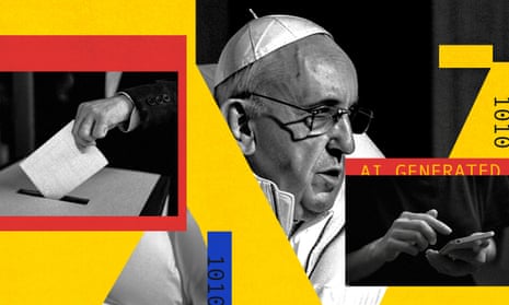 Collage of AI-generated image of the pope wearing Balenciaga, a voting ballot and a person operating a smart phone.