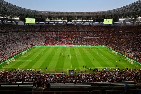 General view inside the Puskas Arena before the 2023 Europa League final between Sevilla and Roma.