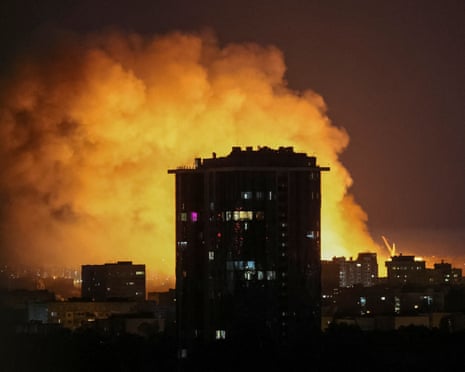 An explosion of a drone lights up the sky over the city during a Russian drone and missile strike, amid Russia’s attack on Ukraine in Kyiv, Ukraine.