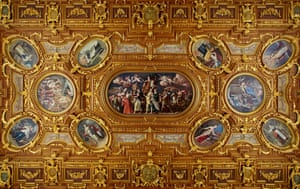 Peter de Witte and Matthaus Raders, Golden Hall, Augsburg Town Hall, Germany 1624. 10 years prior to these paintings the hall was renovated as part of a grandiose rebuilding plan to reflect Augsburg’s importance as the seat of the Imperial Reichstag (government). At the centre of the Golden Hall’s ceiling is a personification of knowledge and wisdom, flanked on one side by a depiction of the construction of Augsburg. Sumptuously decorated with gold leaf, the artwork depicts the riches of the city through a sequence of restrained allegorical images of the ideal city and the supremacy of wisdom