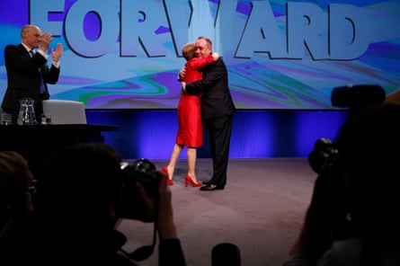 Then Scottish first minister Alex Salmond hugs his then deputy Nicola Sturgeon on stage at the SNP conference in April 2014