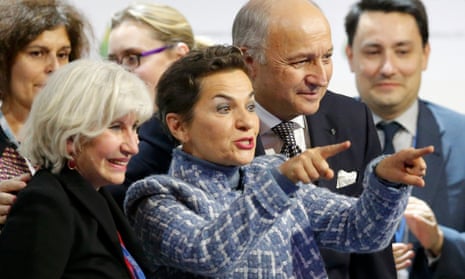 Christiana Figueres (centre, pointing): ‘We now move into a phase of urgent implementation [on cutting carbon emissions]’. 