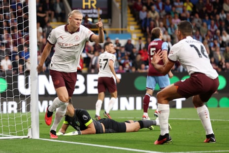 11 August 2023Manchester City’s Erling Haaland celebrates scoring against Burnley. City won 3-0.