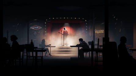 In the Silver Pines game, a silhouetted musician performs onstage, watched by patrons in a dim bar