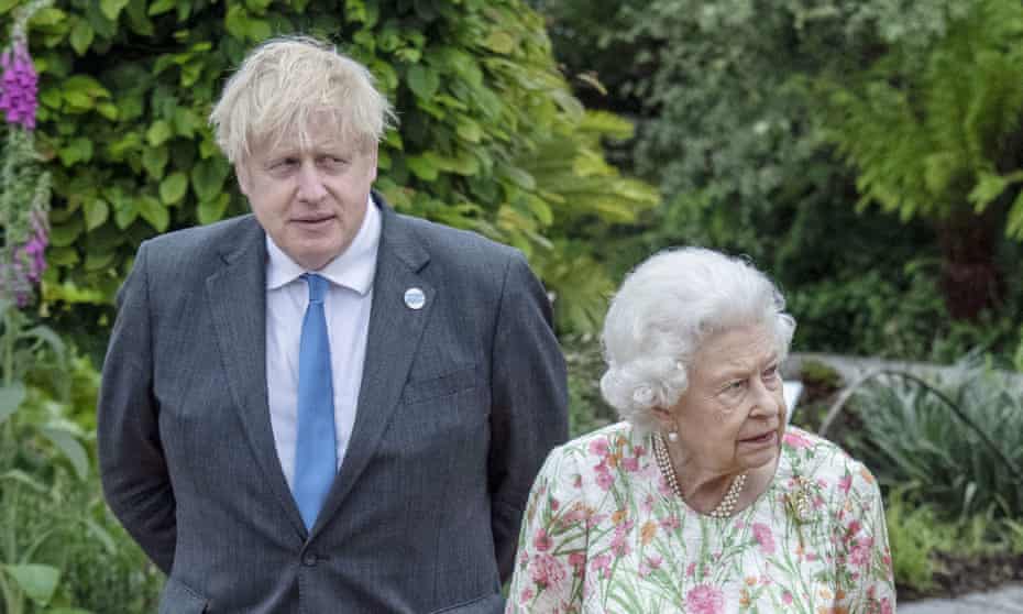 Boris Johnson with the Queen before a reception at the Eden Project during the G7 summit in Cornwall last year