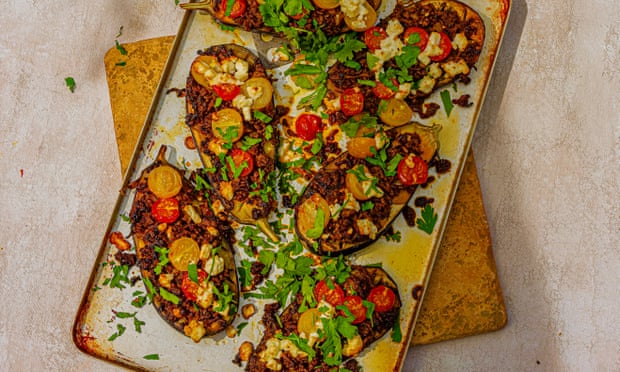 Stuffed aubergine boats.