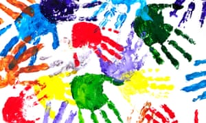 Colour hand prints painted on a white paper