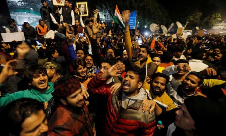 Demonstrators shout slogans during a protest against a new citizenship law in Delhi.