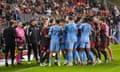 Tempers flare between New York City FC and Toronto FC players during Saturday’s MLS match at BMO Field in Toronto.