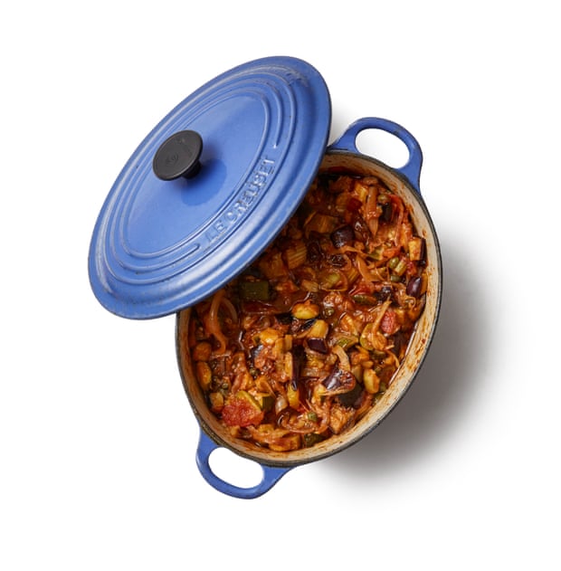 Stir in the capers, olives, sultanas, sugar, passata, vinegar and grated chocolate and bring the pan to the boil, then add the fried aubergines and courgettes for Felicity Cloake’s caponata.