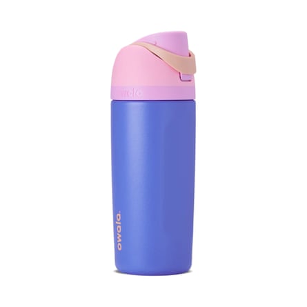 A blue Owala kidsâ water bottle with a pink flip-top lid and carrying loop