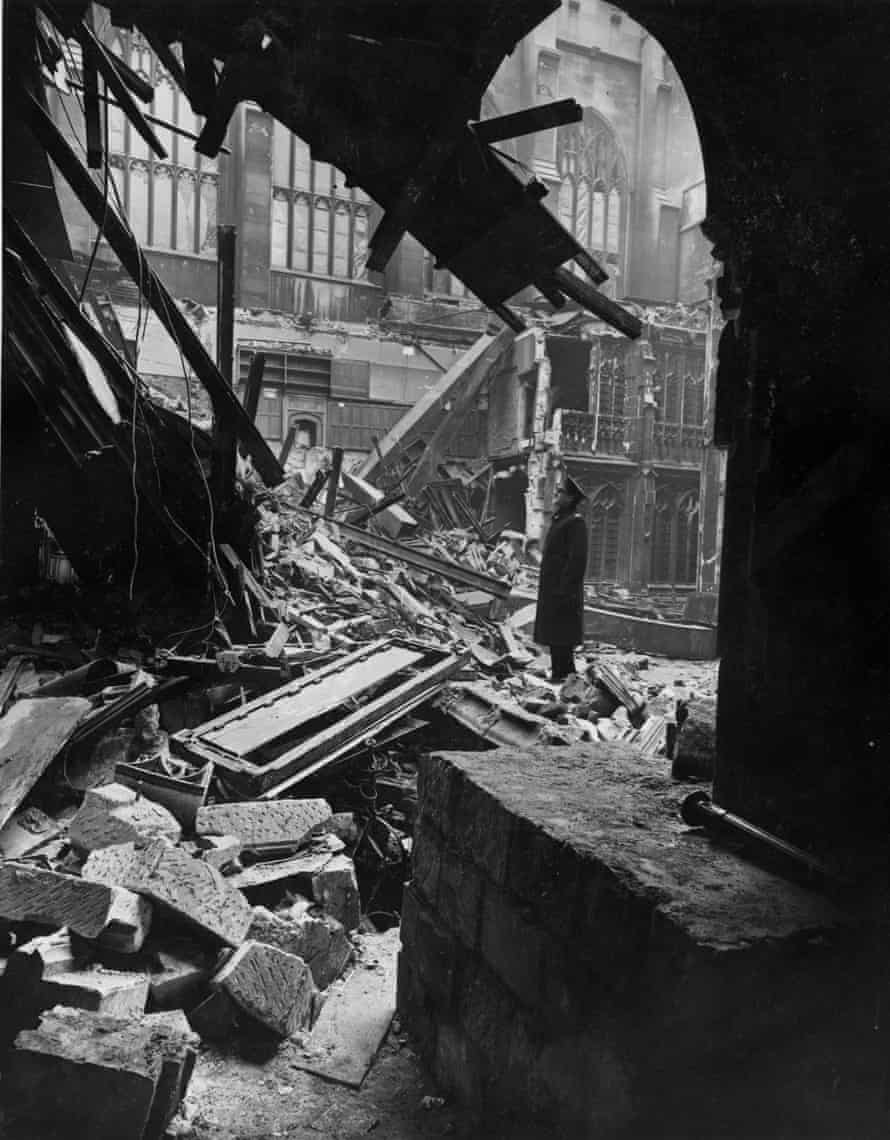 The building was bombed several times during the second world war, most notably in May 1941, above, when the Commons chamber was destroyed.