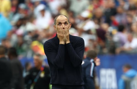 England's German head coach Thomas Tuchel reacts during the 2026 World Cup Group L football match between England and Ghana at the Boston Stadium in Foxborough