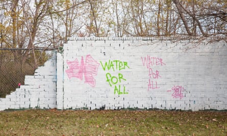 Graffiti addressing the water shutoffs covered various parts of Detroit in 2014. The city has since painted over almost all of the graffiti in that area, including the one shown.