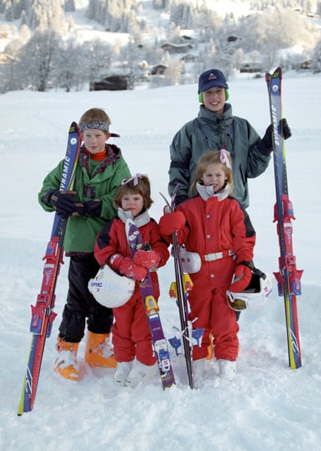 Prince William (now the Prince of Wales), Prince Harry (now the Duke of Sussex) with their cousins, Princess Eugenie (second left) and Beatrice at a photocall outside the hotel where they were staying in the Swiss resort of Klosters.