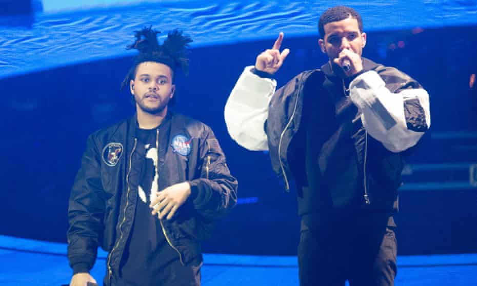 ‘We should stop allowing ourselves to be shocked’ ... the Weeknd, left, and Drake at the O2 Arena, London, in 2014.