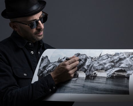 JR presenting The Cave of the Pont Neuf, the artwork he will create as a tribute to Christo and Jeanne-Claude.