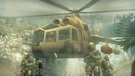 Men in military gear surround a helicopter.