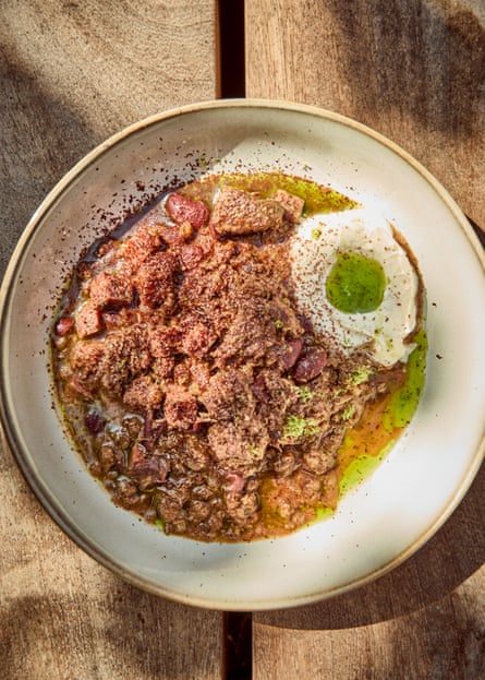 Venison chilli as made by Tom Kerridge. That’s not a green-yolked egg but some coriander oil on sour cream.