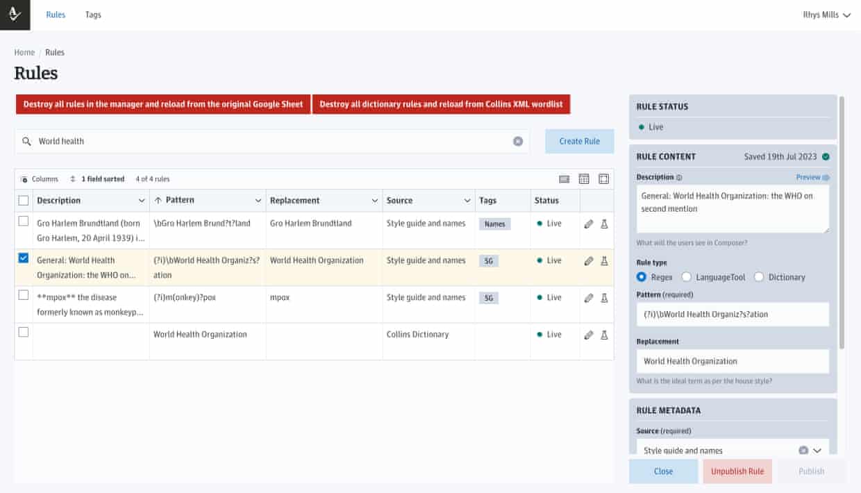 A screenshot of the Rule Manager service in use.
