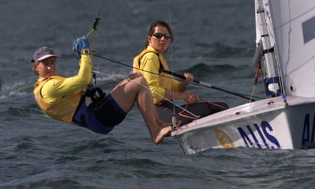 Skipper Jenny Armstrong (right) and Belinda Stowell (left), the Australian 470 women’s team, in action during the Sydney 2000 Olympics.