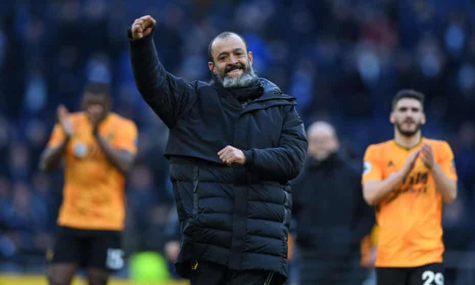 The Wolves head coach, Nuno Espírito Santo, celebrates at the end of a match