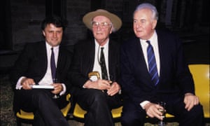 Malcolm Turnbull with his client former MI5 spy and author Peter Wright and Gough Whitlam at the launch of the book Spy Catcher in Sydney in 1988.