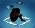 Graphic of distressed woman with head in knees surrounded by lines of cocaine.