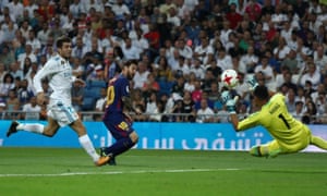 Lionel Messi’s shot beats Navas but not the woodwork.