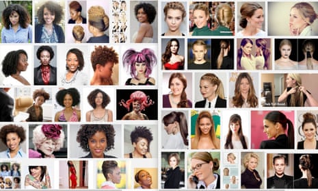 There results of image searches for “unprofessional hair for work” (left) and “professional hair for work” (right) on Google.