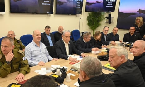 Benjamin Netanyahu at a wartime cabinet meeting in Tel Aviv, Israel, on 14 April 2024.