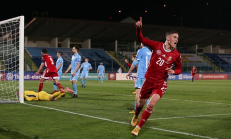 Roland Sallai celebrates scoring in Hungary’s 3-0 World Cup qualifying win away to San Marino in March