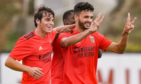 Gonçalo Ramos (right) celebrates with Paulo Bernardo after scoring for Benfica’s B team against Casa Pia AC last September.