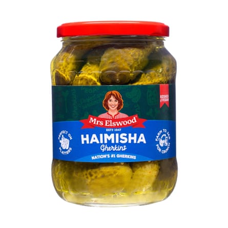 A jar of Mrs Elswood Haimisha Gherkins with a red lid.