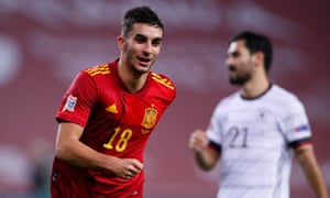 Ferran Torres celebrates Spain’s fifth goal.
