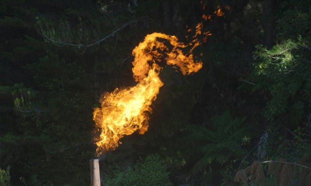 A flare burning off gas at the Niagara 1 oil well in New Zealand's South Island