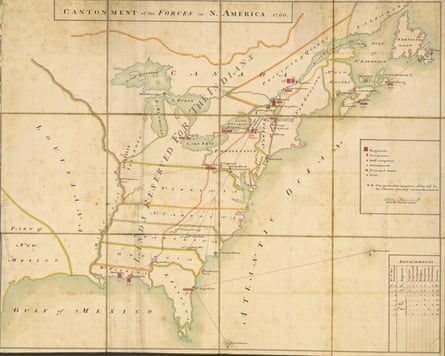 Map issued by General Thomas Gage in 1767, showing distribution of British forces in North America in 1766. The map designates lands west of the Appalachian Mountains as “Lands Reserved for the Indians,” aligning with the political boundaries established by the Royal Proclamation of 1763