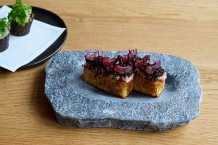 Toasted brioche with liver parfait and preserved cherries at Maré in Hove.