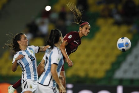 Dina Castellanos (right) in a match between Venezuela and Argentina at the Copa America match in Colombia in July.